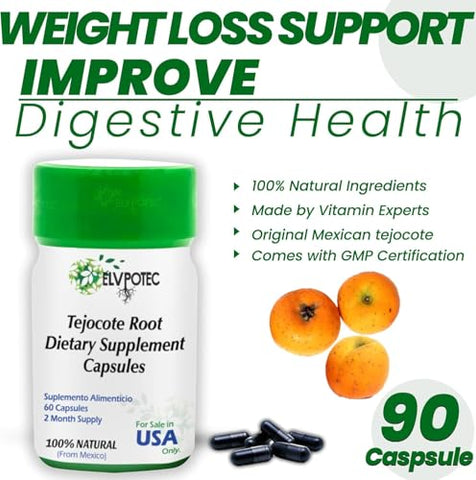 Raiz de Tejocote Original Mexicana ELVPOTEC para Perda de Peso – Cápsulas de Limpeza de 60 Dias | Suporte para Intestino e Cólon | Detox Avançado para o Intestino | Dieta Original Mexicana