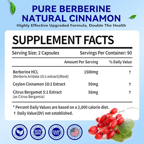 Manewu - Suplemento Premium de Berberina 1500mg com Berberina HCL e Canela do Ceilão – Marca em Destaque