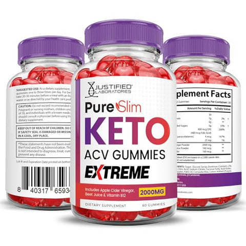 Justified Laboratories - Pure Slim Keto ACV Gummies Extreme 2000MG – Fórmula Avançada de Gomas PureSlim Keto com Vinagre de Maçã, Romã e Beterraba em Pó – B12 Vegano Não GMO 60 Gomas