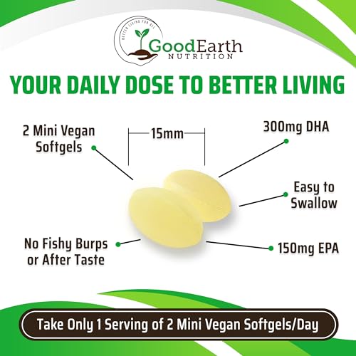 GoodEarth Nutrition - Vegan Omega 3 – DHA/EPA à base de algas vegetais sem carragenina – 60 cápsulas vegetais – Suporte para cérebro, coração e articulações