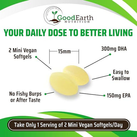 GoodEarth Nutrition - Vegan Omega 3 – DHA/EPA à base de algas vegetais sem carragenina – 60 cápsulas vegetais – Suporte para cérebro, coração e articulações