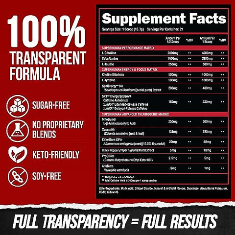 Superhuman Burn – Pré-treino 2 em 1 para Acelerar o Metabolismo, Perda de Peso, Supressor de Apetite, Suporte à Queima de Gordura e Energia - ALPHA LION