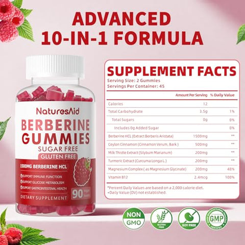 Natures Aid - Berberine Gummies com Canela do Ceilão 1500mg Alta Potência Suplemento de Berberina HCL para Suporte Imunológico e Metabolismo, Gummies de Berberina Orgânicos Sem Açúcar Sabor Framboesa