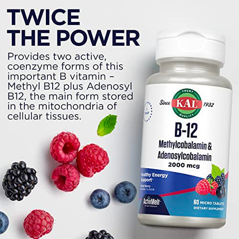 Vitamina B12 Methylcobalamin e Adenosylcobalamin 2000 mcg ActivMelt, Suplemento Energético B12, Metabolismo, Nervos, Suporte às Células Vermelhas do Sangue, Alta Absorção, Natural Berry, 60 comprimidos - KAL