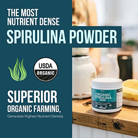 Triquetra Health - Pó de Spirulina Orgânica – Feito com Parry® Spirulina. A Melhor Spirulina do Mundo, Maior Densidade de Nutrientes – Não Irradiada, 4 Certificações Orgânicas, Agricultura Vegana