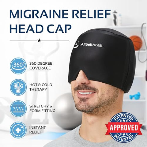 AllSett Health - Migraine Relief Cap Ice Head Wrap | Headache and Migraine Hat | Hot/Cold Gel Head Ice Pack with Face and Eye Headache Mask Compress Black | 100g