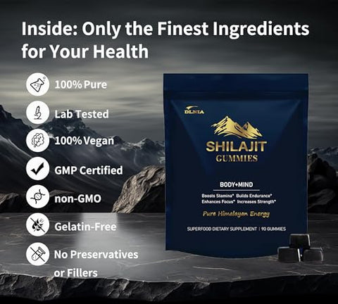 DLNIA - Shilajit Gummies com Ashwagandha e Cúrcuma – Orgânicos, Zero Açúcar | Marca: Shilajit Gummies