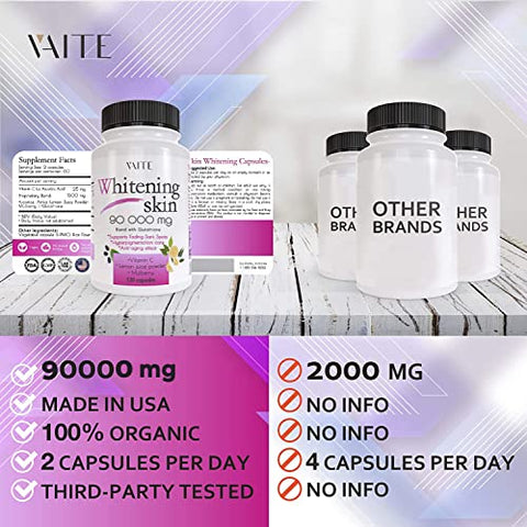 VAITE - Pílulas de Glutationa – Removedor de Cicatrizes de Acne – 90000 – Fabricado nos EUA – Pílulas Veganas para Clareamento da Pele com Anti-Envelhecimento
