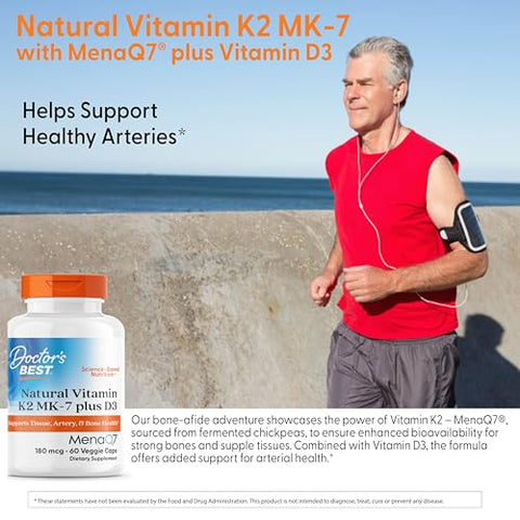 Doctor's BEST - Doctor’s Best Vitamina K2 Natural com MK-7, 180mcg + D3 1000UI, Sem OGM, Sem Glúten, Vegetariano, Sem Soja, 60 Cápsulas Vegetais