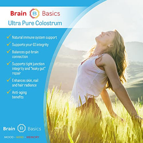 Brain Bean - Colostro Ultra-Puro Brain Basics, 4000mg por Porção, Mín 25%% de Anticorpos IgG, Saúde Intestino-Cérebro-Imunidade, Cabelos e Pele Radiantes. Pó de Colostro de Vacas Alimentadas com Grama. 360 Gramas
