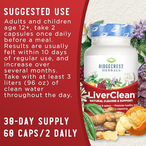 RidgeCrest Herbals - Ridgecrest Herbals LiverClean – Suporte Herbal para o Fígado, Cardo Abençoado, Dente-de-leão, Desintoxicação, Limpeza, Bile Saudável (60 Cáps, 30 Porções)