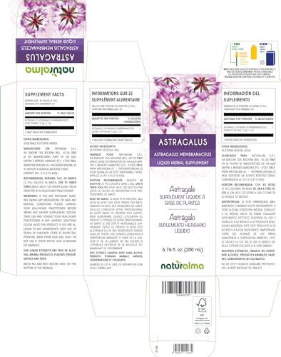 Astragalus (Astragalus membranaceus) – Tintura sem álcool de raiz – Extrato líquido de 200 ml em gotas – Herbal – Vegano - Naturalma