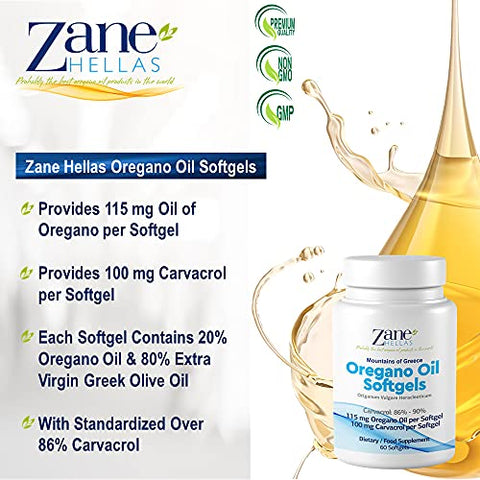 Zane HELLAS Probably the best oregano oil products in the world - Zane Hellas Softgels de Óleo de Orégano. Extra Forte. Cada Softgel Contém 15%% de Óleo Essencial de Orégano Grego. 64 mg de Carvacrol por Softgel. 60 Softgels. Pacote com 2