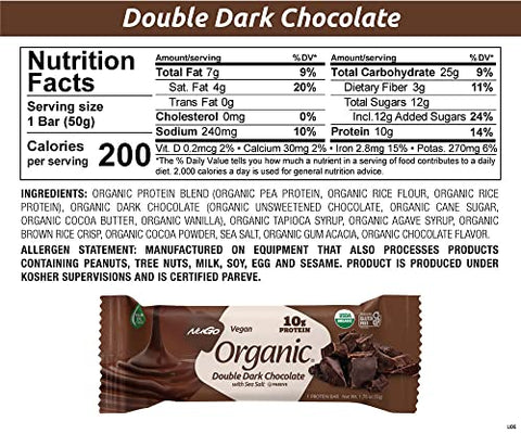 Orgânico Duplo Chocolate Amargo com Sal Marinho, Barra de Proteína 10 Unidades, Vegano, Sem Glúten, Não-OGM, Kosher Pareve, 12 Unidades - NuGo