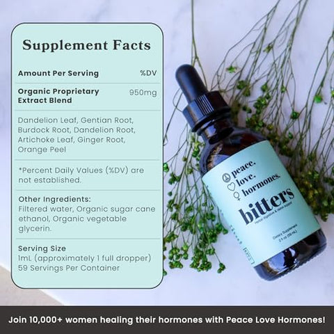 peace. love. hormones. - Peace. Love. Hormones. Suplemento Digestivo Herbal para Mulheres | Bitters Orgânicos do USDA para Digestão, Desintoxicação do Fígado com Raiz de Genciana, Raiz de Bardana, Extratos de Folha de Dente-de-leão -…