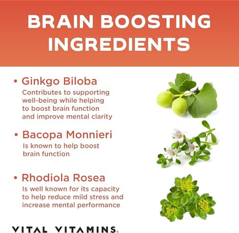 Suplemento Cérebro para Memória e Concentração – Suporte Nootrópico – Memória, Clareza, Concentração, Energia – Vitamina B12, Ginkgo Biloba, DMAE - Vital Vitamins