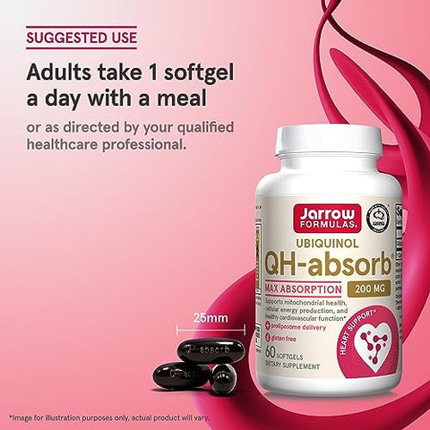 QH-Absorb 200 mg – Ubiquinol para Função Cardiovascular Saudável – 60 Softgels, 60 Dias de Fornecimento - Jarrow Formulas
