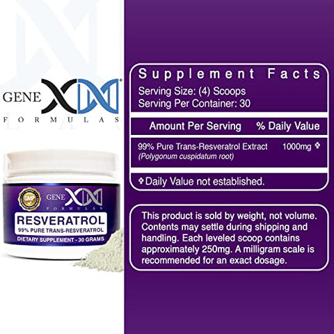 Genex Formulas - GENEX Trans Resveratrol 1000mg Pó Trans-Resveratrol Puro Micronizado Grau Farmacêutico 99% 30 Porções ou 30g 1g por Dia Suprimento de 30 Dias Fabricado em GMP
