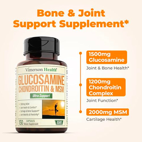 Vimerson Health - Suplemento de Suporte Articular com Glucosamina, Condroitina e MSM – 1500 mg de Sulfato de Glucosamina e Complexo de Sulfato de Condroitina – Saúde Articular para Mulheres