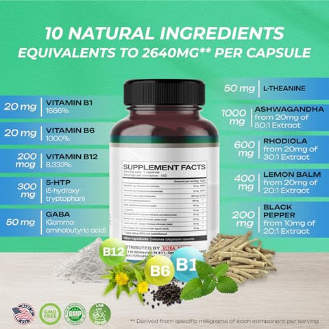 ULTRA HERBS - Suplemento 5-HTP Enriquecido com Ashwagandha, L-Theanine, GABA, Rhodiola | Complexo 10 em 1 de Suporte Ultra para Equilíbrio de Humor, Relaxamento | Marca: [Nome da Marca]