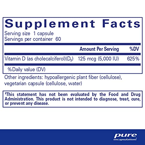 Vitamina D3 Pure Encapsulations 125 mcg (5.000 UI) – Suporte à Saúde Óssea, Articular, Mamária, Cardíaca, Colônica e Imunológica* – com Vitamina D – 60 Cápsulas