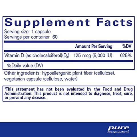 Vitamina D3 Pure Encapsulations 125 mcg (5.000 UI) – Suporte à Saúde Óssea, Articular, Mamária, Cardíaca, Colônica e Imunológica* – com Vitamina D – 60 Cápsulas