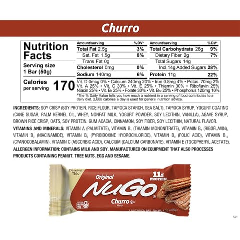 Barra de Proteína NuGo, Sabor Churro, 11g de Proteína, Sem Glúten, 15 Unidades