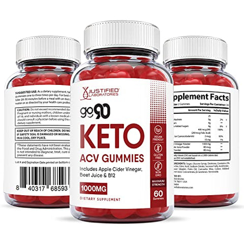 Gomas Justified Laboratories Go 90 Keto ACV 1000MG com Suco de Romã, Beterraba e Vitamina B12 – 60 Gomas