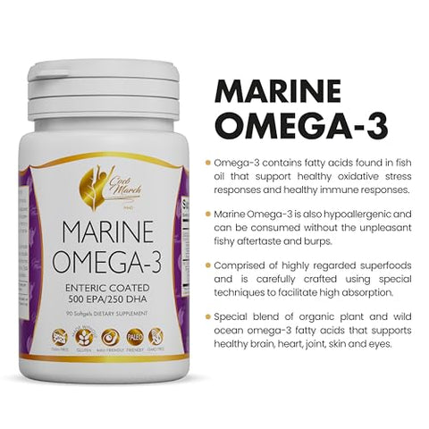 Cocó March N.M.D - Coco March Marine Omega-3 – ALTA POTÊNCIA 500 mg EPA / 250 mg DHA Revestido Entérico, Sem Sabor de Peixe, Sem Glúten, Sem Lactose, Amigo do Paleo, Amigo do Keto, Livre de Transgênicos – 3 MESES
