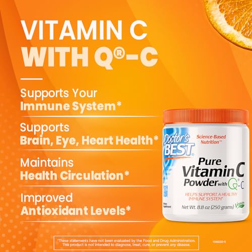 Doctor's BEST - Vitamina C em Pó Doctor’s Best com Q-C, Sistema Imunológico Saudável, Cérebro, Olhos, Coração e Circulação, Articulações, Origem Escócia, 250g