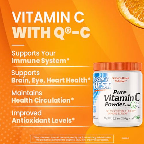 Doctor's BEST - Vitamina C em Pó Doctor’s Best com Q-C, Sistema Imunológico Saudável, Cérebro, Olhos, Coração e Circulação, Articulações, Origem Escócia, 250g