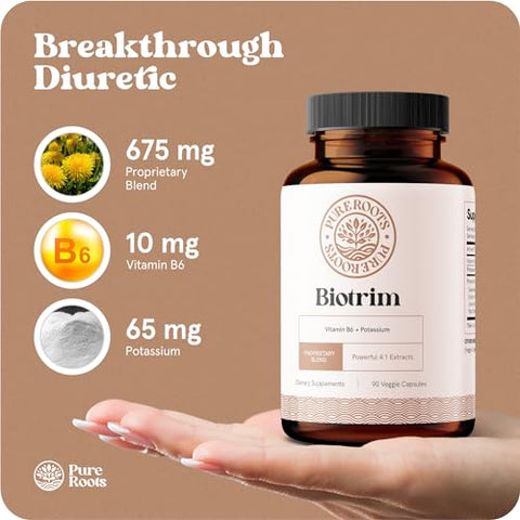 PureRoots - Pílulas de Água sem Cafeína para Pernas e Pés Inchados – Contém os Melhores Diuréticos Naturais para Retenção de Água nas Pernas e Pés – Biotrim Ajuda a Reduzir o Inchaço nos Pés e Pernas
