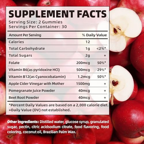 Regio - Keto ACV Gummies Fórmula Avançada, Gomas de Vinagre de Maçã com Romã e Beterraba em Pó B12, 1500MG Vegan Non GMO 60 Gomas