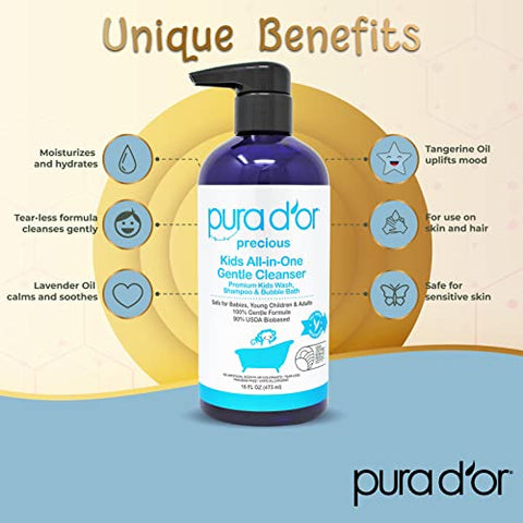 PURA D'OR - PURA D’OR Kids Wash 473 ml – Limpeza Suave 3 em 1 – Biobaseado pelo USDA, Sem Sulfato, Sem Lágrimas, Hipoalergênico, Premium, Shampoo