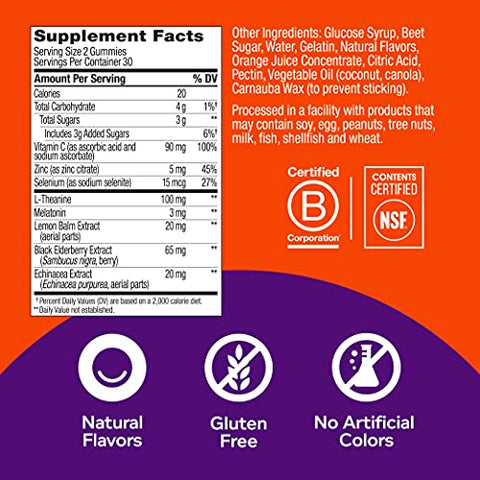 Gummy Imunidade e Sono, Suporte Imunológico e do Sono, 3mg Melatonina, Equinácea, Zinco, Vitamina C, Suplemento Mastigável, Frutas Vermelhas – 60 Unidades - OLLY