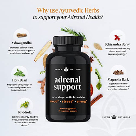 Nuven Naturals - Adrenal Support – Suplemento Natural para Fadiga Adrenal, Gerenciador de Cortisol com Extrato de Ashwagandha, Rhodiola Rosea, Manjericão Sagrado, Ervas Adaptogênicas para as Adrenais, Suporte ao Estresse