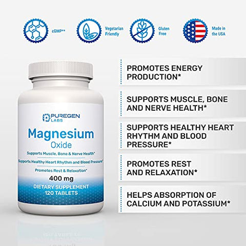 P Puregen Labs - Magnésio 400mg [Alta Potência] – Óxido de Magnésio para Suporte Imunológico, Recuperação Muscular, Cãibras nas Pernas, Relaxamento – 3 Pacotes | Total de 360 Cápsulas