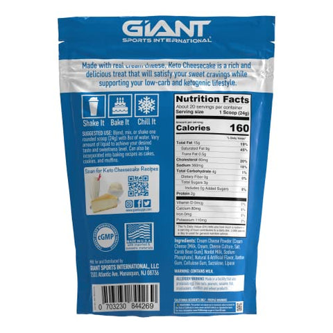 Giant Sports International - Giant Sports Keto Cheesecake Shake Mix – Delicioso Shake Low Carb, Dieta Cetogênica sem Glúten em Pó – Substituto de Refeição – Ideal com Leite de Amêndoa – Estilo Nova York (20 Porções)