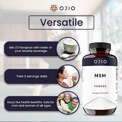 Ojio - OptiMSM Pó MSM Puro – Articulações, Pele, Cabelo, Unhas – Kosher, Vegano, Sem Glúten, Não-OGM, Sem Pesticidas ou Herbicidas – 16 oz (1 Pacote)