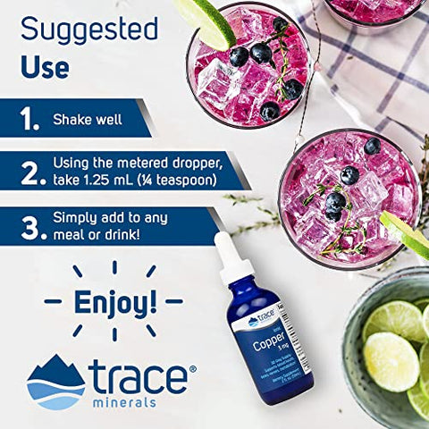 Cobre Líquido Iônico 3 mg | Enzima Antioxidante | Suporta Saúde do Sangue, Ossos, Nervos e Metabolismo | 60 ml, 48 Porções | Marca: Trace Minerals - Trace Minerals