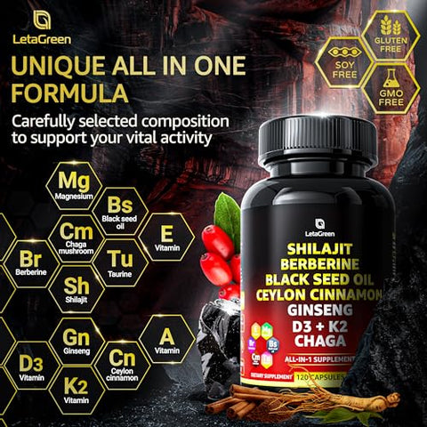 LetaGreen - Cápsulas de Shilajit Puro do Himalaia – Suplemento de Shilajit Puro com Ácido Fúlvico All-in-1 (Pacote com 2) – Berberina com Canela do Ceilão, Óleo de Semente Negra e Complexo de Ginseng