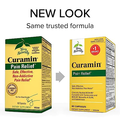 Curamin – 60 Cápsulas, Pacote com 2 – Alívio Não-Viciante da Dor com Curcumina de Cúrcuma, Boswellia, DLPA - Terry Naturally