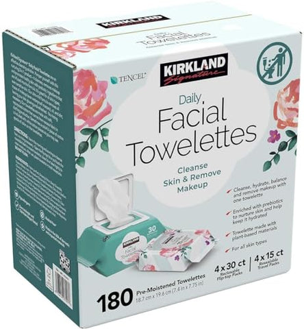 Kirkland Signature - Toalhetes Faciais Diários KIRKLAND Signature, 4,53 libras (180 unidades, 1 caixa) – Toalhetes Faciais de Qualidade Premium