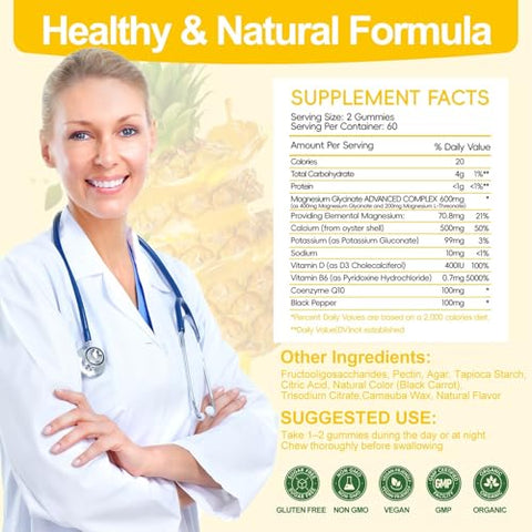 CNFHDI - Magnesium Glycinate Gummies 600mg – 120 Unidades | Magnésio Glicinato Sem Açúcar com Vitamina D, B6 e CoQ10 para Equilíbrio Emocional