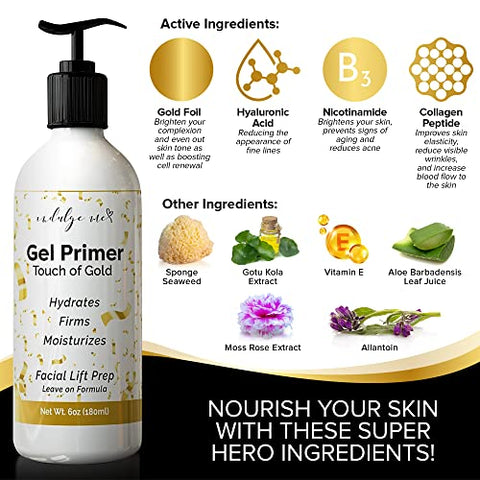 IndulgeMe - Gel Condutor Facial Hidratante – Primer em Gel deixa na pele, Ácido Hialurônico, Peptídeo de Colágeno, Niacinamida, Vitamina E, Folha de Ouro