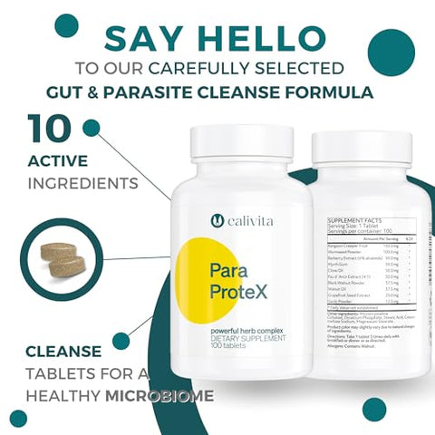 CaliVita - ParaProteX – Comprimidos Detox – Noz Preta Artemísia – Desparasitante Natural para Humanos – Limpeza de Candida – Óleo de Cravo – Suporte para Saúde Intestinal com 10 Ingredientes Ativos – 100g