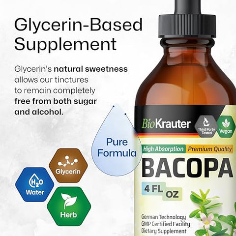 BIO KRAUTER - Bacopa Monnieri Orgânica – Tintura Líquida de Suporte à Saúde Cognitiva – Extrato Herbal Orgânico de Bacopa – Álcool