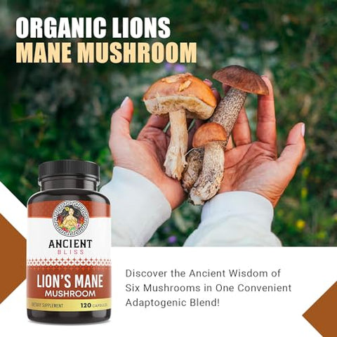 Lion’s Mane – 120 Cápsulas Veganas de Cogumelo (2 Meses de Fornecimento) – Suporte para Clareza Mental e Energia - Ancient Bliss