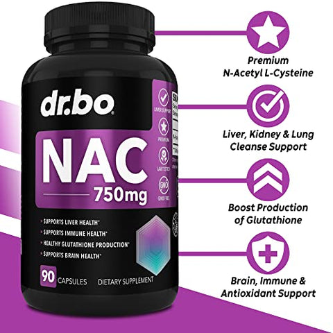 DR. BO - Suplemento NAC Cápsulas de N-Acetil Cisteína – 750mg Cápsula de Vitamina Pura de N-Acetil Cisteína – Fórmula Diária de Suporte ao Fígado para Limpeza Pulmonar, Desintoxicação Renal, Cérebro