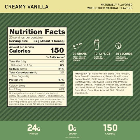 Gold Standard 100% Proteína Vegetal em Pó, Sem Glúten, Vegana para Suporte Muscular e Recuperação com Aminoácidos – Baunilha Cremosa, 20 Porções - Optimum Nutrition